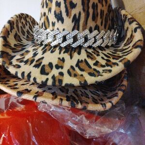 Leopard Print Cowboy Hat with Silver Chain